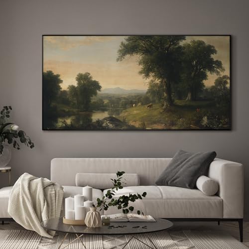 24"x46" Extra Large Framed Wall Art Classic River Valley Landscape Vintage Style Countryside with Trees and Cows Illustration for Home Living Room Bedroom Decor