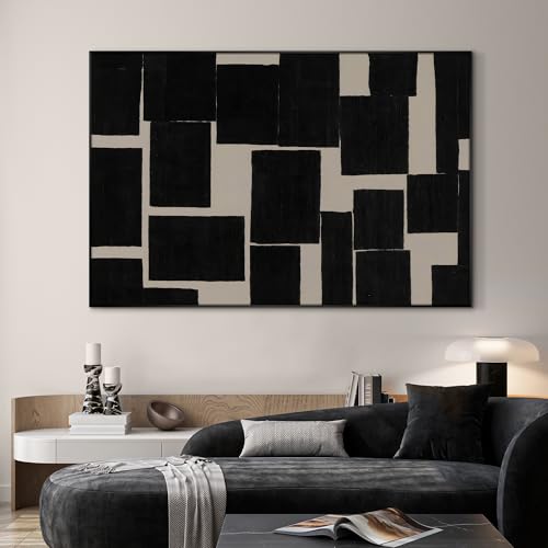 46"x72" Extra Large Framed Wall Art Modern Abstract Black and Beige Geometric Blocks for Home Living Room Bedroom Decor