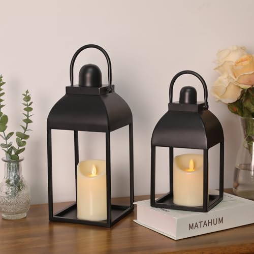 Lanterns Decorative Indoor 15" 11" Set of 2 Black Metal Lantern with Candle (2 Count)