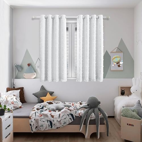 100% Blackout Curtains for Bedroom White Blackout Curtains 54 Inches Long Thermal Insulated 2 Panels Short Curtains with White Pom Pom Sheer Room Darkening Grommet (2 Count)