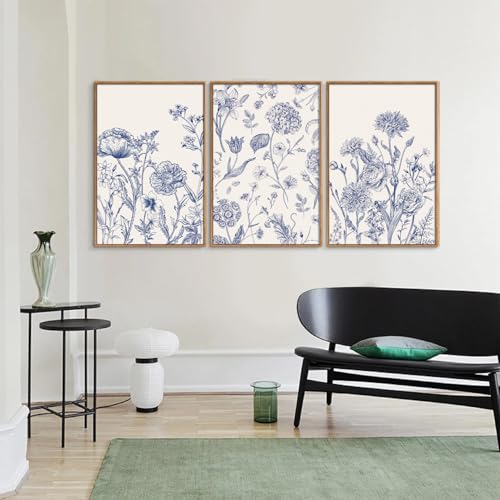 Large Classic Chinoiserie Flower Framed Canvas Wall Art Set (3 Count)