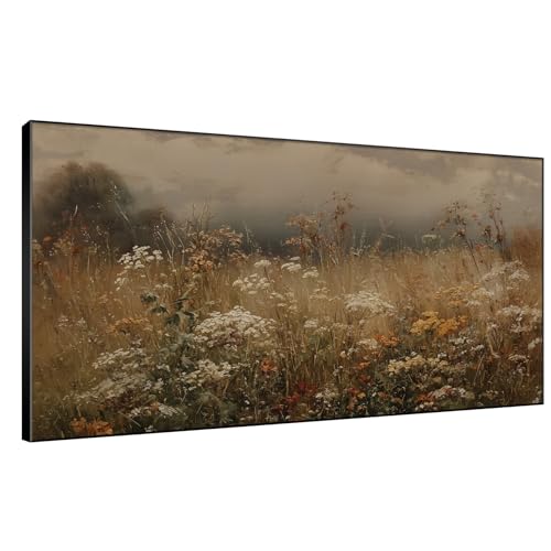 36"x72" Extra Large Framed Wall Art Autumn Meadow Landscape Rustic Brown and Golden Field with Wildflowers Country Illustration for Home Living Room Bedroom Decor