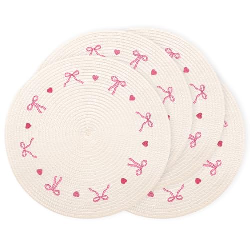 4 Pcs Round Placemats White Pink Bow Embroidered Place Mats Coquette Bowknot Heart Dinner Table Mats for Home Wedding Baby Shower Birthday Party Decor (4 Count)