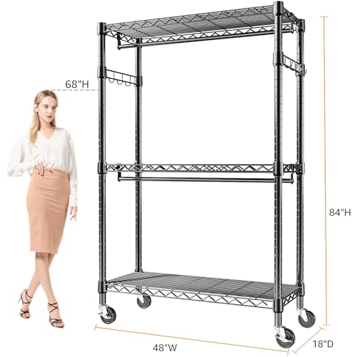 Heavy Duty Rolling Garment Rack 3 Tiers Adjustable Wire Shelving Clothes Rack with 2 Rods and Side Hooks