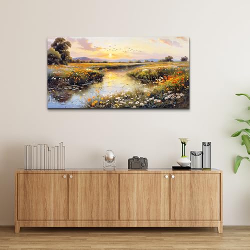 Canvas Wall Art For Bedroom Wall Decoration For Living Room Restaurant Office Decor Rivulet View Painting Farmhouse Field Scenery Watercolour Pictures Printing Artworks Home Decor 20x40In