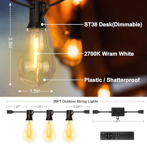 26FT Outdoor String Lights 17+2 Bulbs (26 Foot)