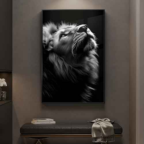 Framed Modern Black and Gray Lion Animal Wall Art