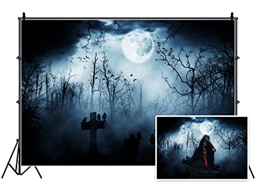 10x6.5ft Spooky Halloween Graveyard Backdrop Foggy Full Moon Horror Scene