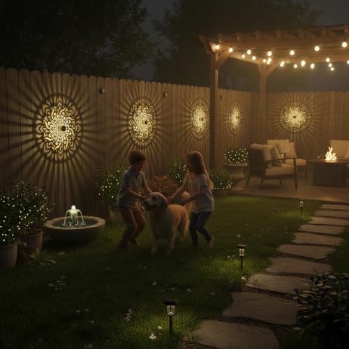 4 Pack Solar Fence Lights Metal Solar Powered Outdoor Wall Deck Step Lights Mandala Theme Waterproof Fence Light for Garden Post Patio Backyard Decor (4 Count)