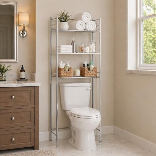 Over-the-Toilet Bathroom Storage Shelf, Steel, Chrome, 3-Tier