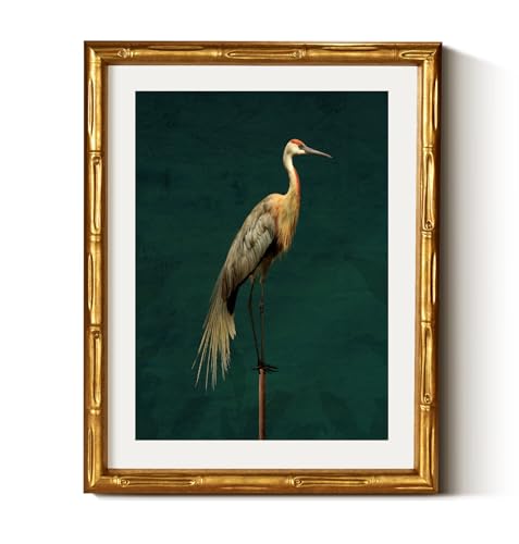 Gold Bamboo Framed Wall Art Vintage Animal Crane Prints