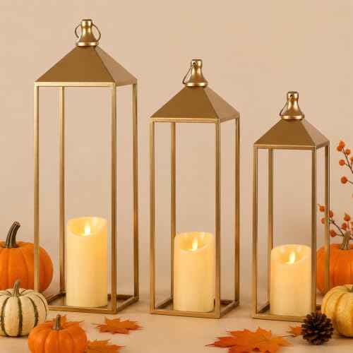 3 Pcs Large Gold Decorative Lanterns with Candles