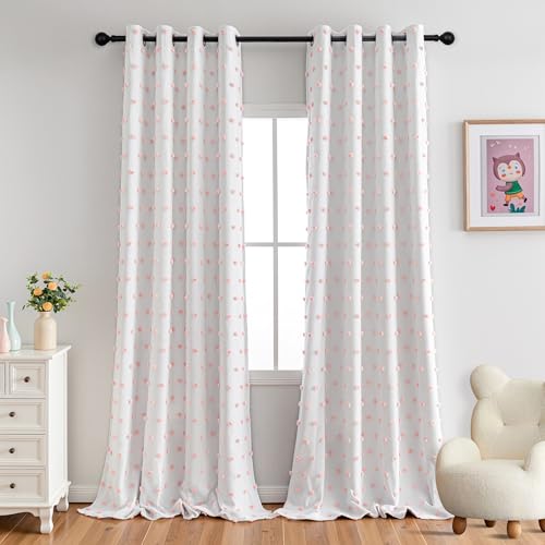 100% Blackout Curtains for Living Room White Curtains 102 Inch Extra Long Total Light Block Girls Room Drapes Thermal Insulated Room Darkening Pink Pom Pom Sheer Grommet 2 Pieces 50 Wide