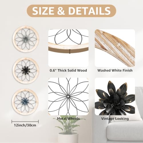3 Piece Round Farmhouse Wall Decor with 6 Piece Interchangeable Flowers 12'' Medallion Wood & Metal Rustic Wall Art for Living Room Bedroom Kitchen Bathroom Dining Room Home Decorations