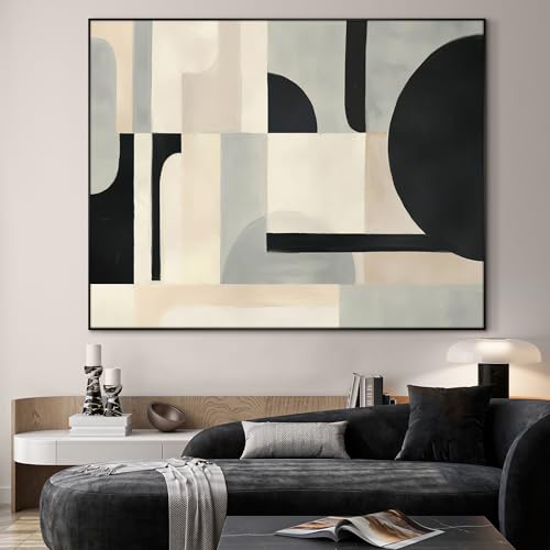 60"x72" Extra Large Framed Wall Art Modern Neutral Abstract Geometric in Black and Beige
