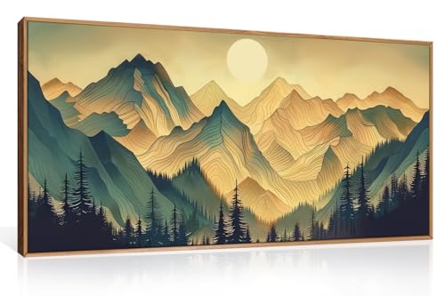 Boho Green Mountain Landscape Framed Canvas Wall Art Set