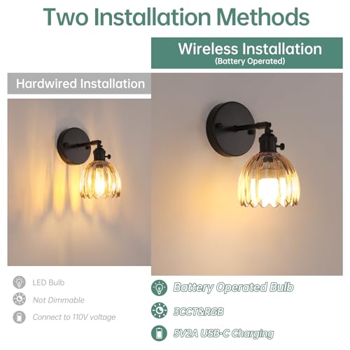 Vintage Battery Operated Wall Sconce with Amber Tulip Glass Lampshade Rechargeable Battery Powered Black Wall Light with Remote Control for Bedside Bedroom Doorway (2 Count)
