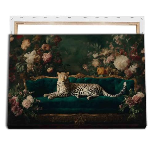 Trendy Cheetah Poster Wild Animal Pictures Dark Gothic Painting Panther on the Sofa Wall Art Fashion Cheetah Artwork 16x24inch framed