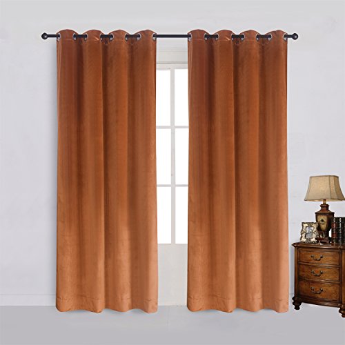 Super Soft Rustic Velvet Decor Blackout Drapes Room Darkening Curtains Panel Metallic Grommet Drapery 52 by 84 Inch Caramel Cafe