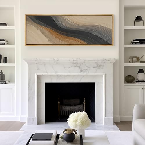 Large Framed Canvas Print Wall Art Abstract Wave Pattern Neutral Black and Brown Modern Geometric Illustrations Decorative Colorful for Bedroom