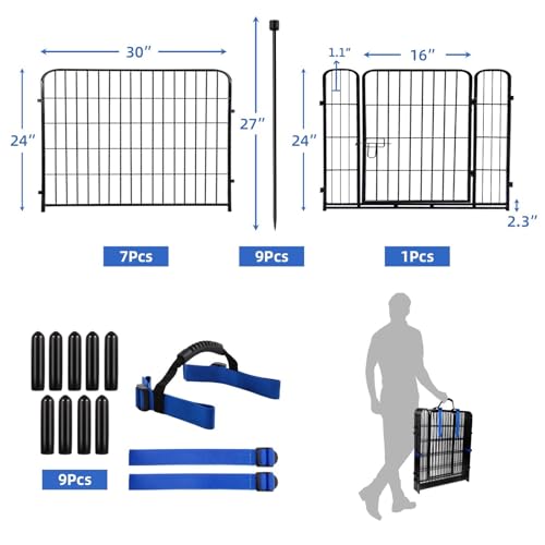 24 in(H) Garden Fence with Gate, 8 Panels Total 19.7 Ft(L), Heavy Duty Iron Metal Animal Barrier Fence, Dog Fence Outdoor for Yard, Temporary Fencing, No Dig Garden Border Fencing (40 Sq Ft)