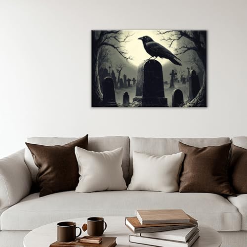Crow Canvas Wall Art Gothic Black Bird On Branch Painting Print Spooky Forest Full Moon Scenery Poster Artwork Framed Halloween Home Decor