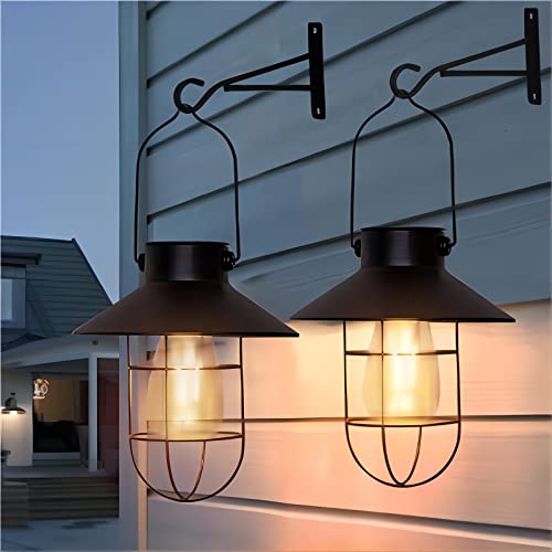 Solar Lanterns Outdoor Metal Solar Powered Hanging Lights Waterproof for Wall Barn Yard Garden Patio Garage Balcony Porch Fence Decor (2 Count)