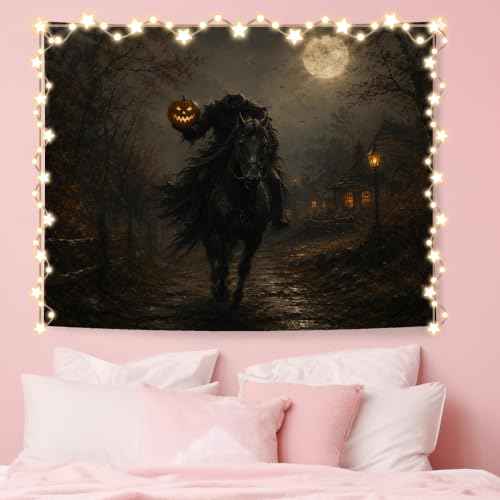 Whimsical Goth Halloween Headless Horseman Wall Tapestry 50x60 In