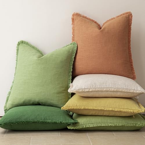 Decorative Linen Fringe Throw Pillow Covers 18×18 Dusty Orange (2 Count)
