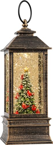 10'' Lighted Christmas Tree Cardinal Music Snow Globe Water Lantern with Swirling Glitter Decoration for Christmas Home