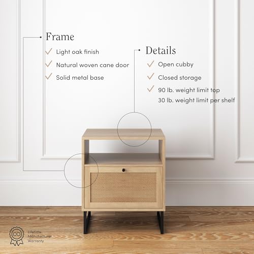 Mina Side End or Accent Table in a Natural Oak Wood Finish & Matte Black Accents with Storage for Living Room or Nightstand for Bedroom