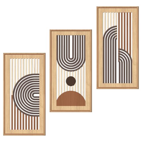 Mid Century Modern Boho Wooden Wall Art Framed 8x16 Inch Orange Abstract Bohemian Wood Wall Decor Set of 3 Minimalist Geometry Artwork for Living Room Bedroom Office
