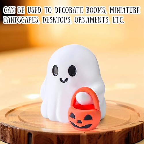 2 Pcs Halloween Ghost Figurine Cartoon Cute Spooky Carrying Pumpkin Basket Desk Display Ornament Tiny Trick or Treat Ghost Resin Halloween Statue for Home and Office Tabletop Decor Supplies (2 Count)