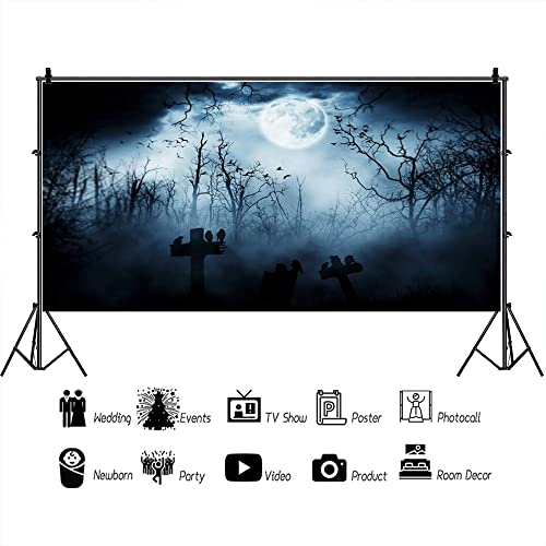 20x10ft Spooky Halloween Graveyard Backdrop Foggy Full Moon Horror Scene