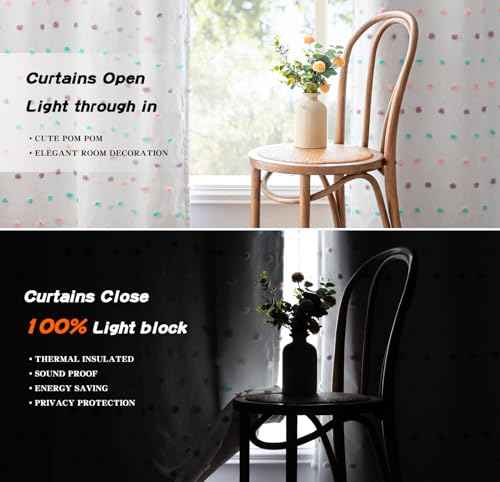 100% Blackout Curtains for Living Room 102 Inch White Curtains Extra Long Total Light Block Girls Room Drapes Thermal Insulated Room Darkening Rainbow Pom Pom Sheer Grommet 2 Pieces 50 Wide (2 Count)