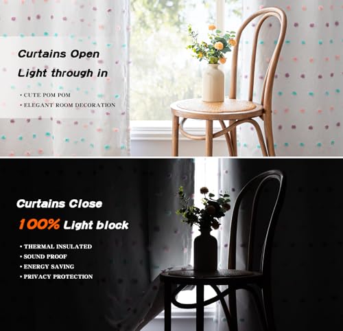 100% Blackout Curtains for Bedroom Total Light Blocking Curtains 90 Inch Long Room Darkening 2 Panels Grommet Double Layer Privacy Window Drapes with Rainbow Pom Pom Sheer 50" x 90"