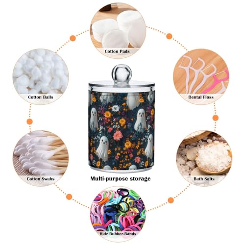 2 Pack Qtip Holder Organizer Dispenser Cute Ghosts with Flowers Bathroom Storage Canister Cotton Ball Holder Container for Cotton Pads (2 Count)
