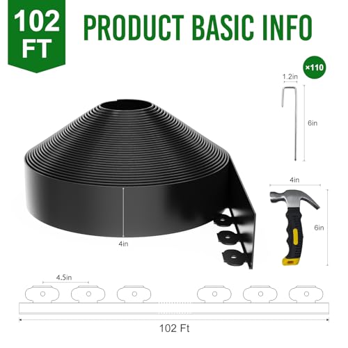 4 Inch Tall 102FT Landscape Edging with 110Pcs Metal Spikes