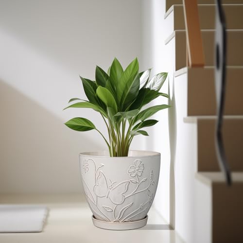 10 Inch Plant Pot Ceramic Planter Pot with Drainage Hole and Saucer Round Planter Large Flower Pot for Indoor Outdoor Plants Home Garden Decor White