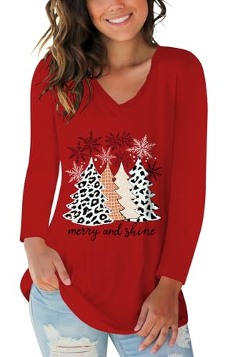 Women Casual Merry Christmas Shirt Fun Leopard Tree T