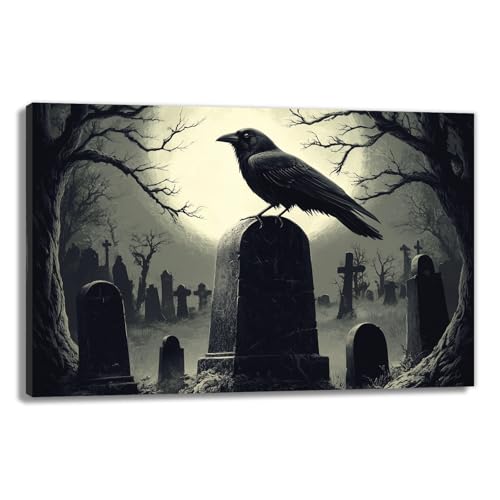 Crow Canvas Wall Art Gothic Black Bird On Branch Painting Print Spooky Forest Full Moon Scenery Poster Artwork Framed Halloween Home Decor