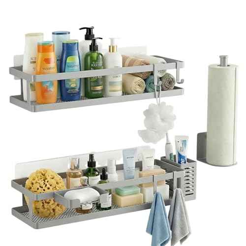 5-in-1 16.5" Extra Long Kitchen Organizer & Shower Caddy Set, Wall Mount Spice Rack with Paper Towel Holder, Utensil Holder & Soap Dish, Rustproof Mesh - Silver Gray, Guardrail