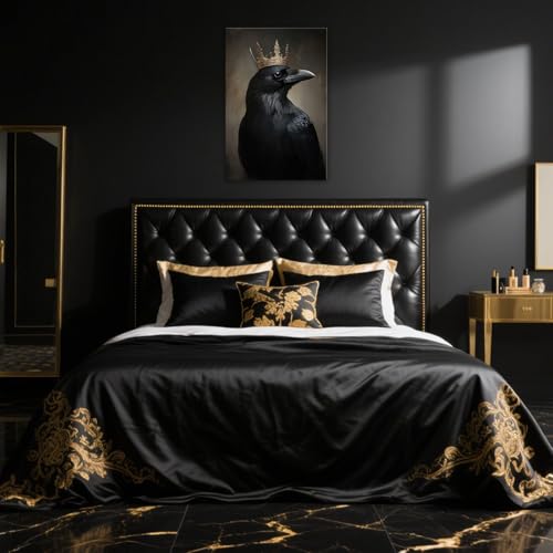 Raven King Wall Art Mysterious Black Bird Painting Dark Gothic Animal Canvas Print for Living Room Bedroom Home Office Inspirational Decor