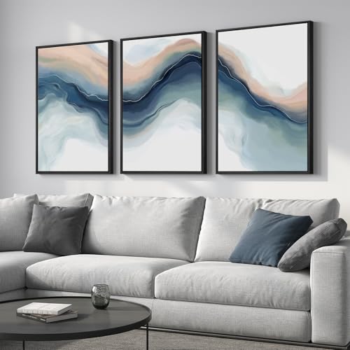 Large Framed Blue Abstract Landscape Wall Art for Living Room (3 Count)