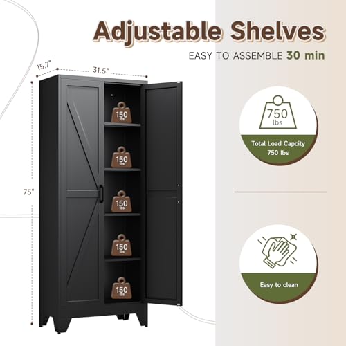 75" H Metal Storage Cabinet with 2 Doors and 4 Shelves