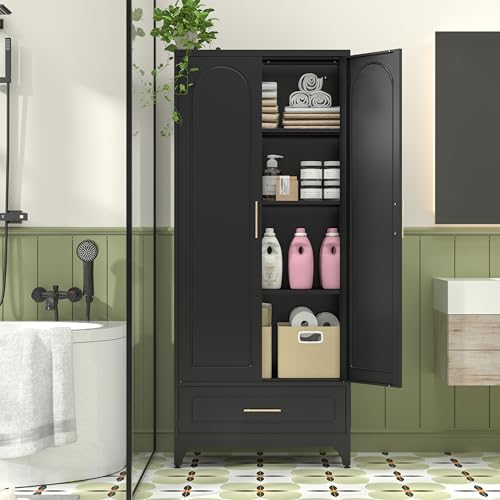 75" Tall Black Metal Pantry Storage Cabinet with 1 Drawer