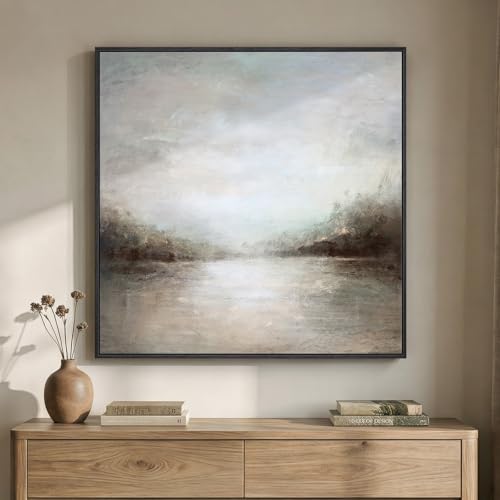 Framed Neutral Abstract Lake Landscape Canvas Wall Art Decor
