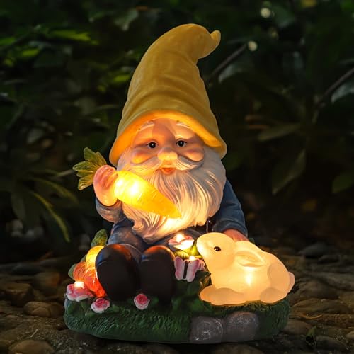 Solar Garden Outdoor Statues Gnome Feeding Rabbit with 6 LED Lawn Decor Outside Decorations for Patio