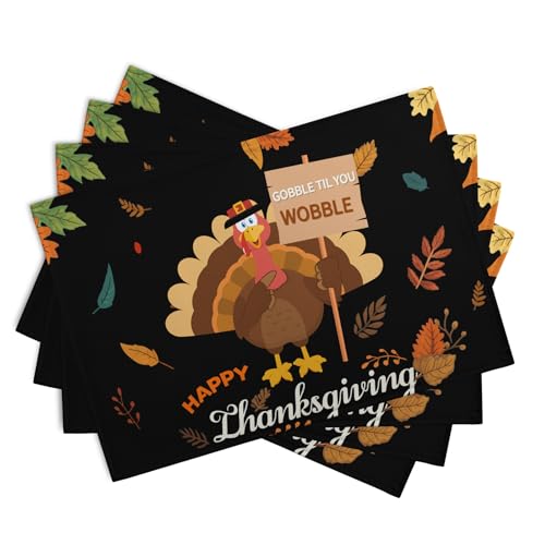 Happy Thanksgiving Placemats Set of 4 Gobble Turkey Leaves Thanksgiving Linen Table Mat 12x18 Inch Seasonal Fall Washable Heat Resistant Non (4 Count)