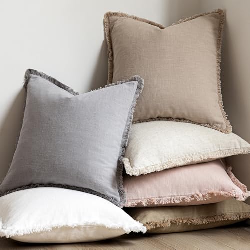 Boho Linen Fringe Lumbar Throw Pillow Covers 12×20 Tan Beige (2 Count)